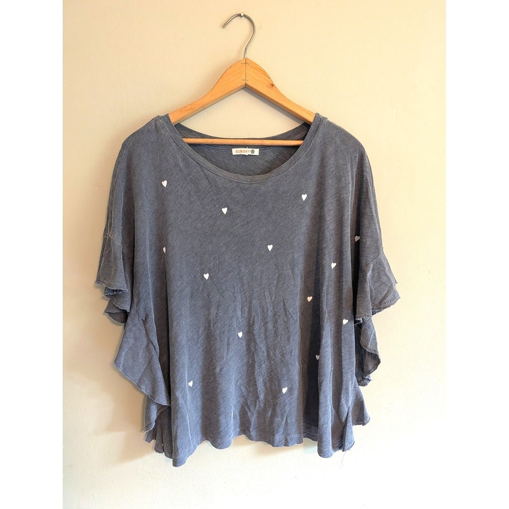 Sundry‎ Heart Print Ruffle Sleeve Slub Top Boxy Oversized Relaxed Grey Size 1 S
